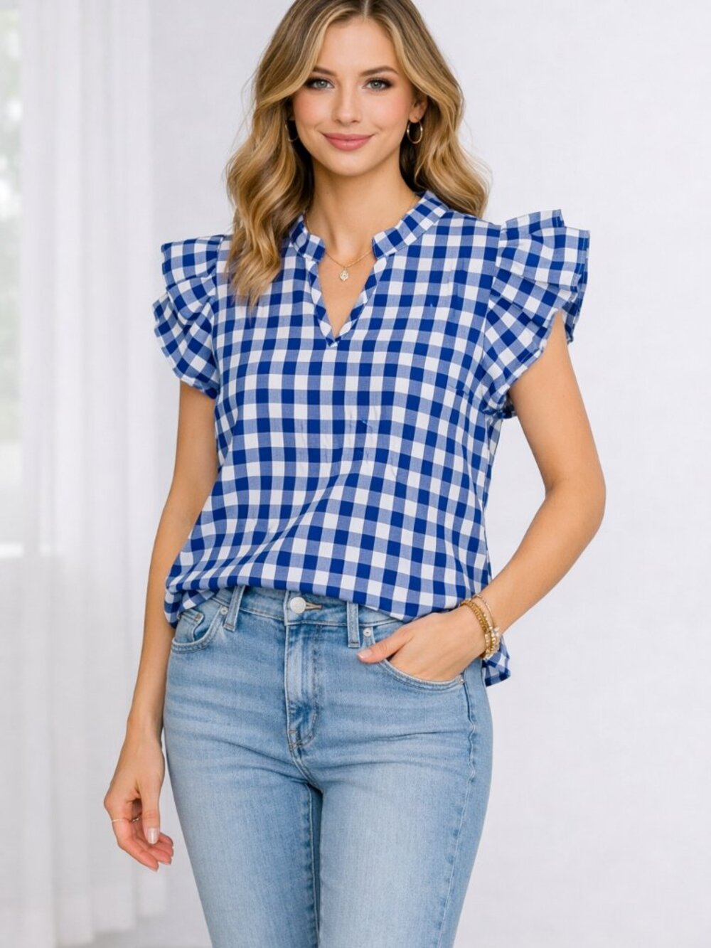 Miss Sparkling Blue White Gingham Ruffle Short Sleeve Blouse M NWT